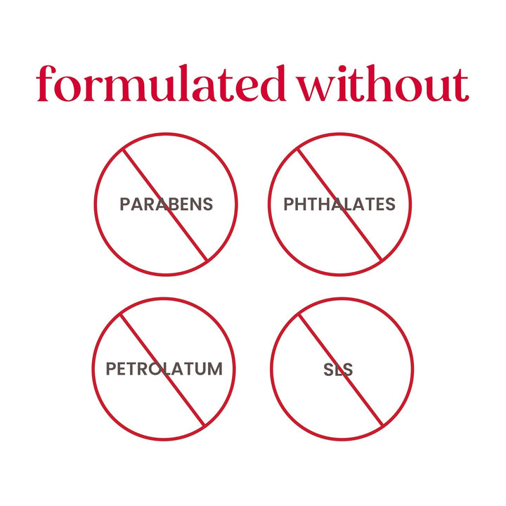 Red circles with crossed-out lines labeled 'Parabens', 'Phthalates', 'Petrolatum', and 'SLS' on a white background.