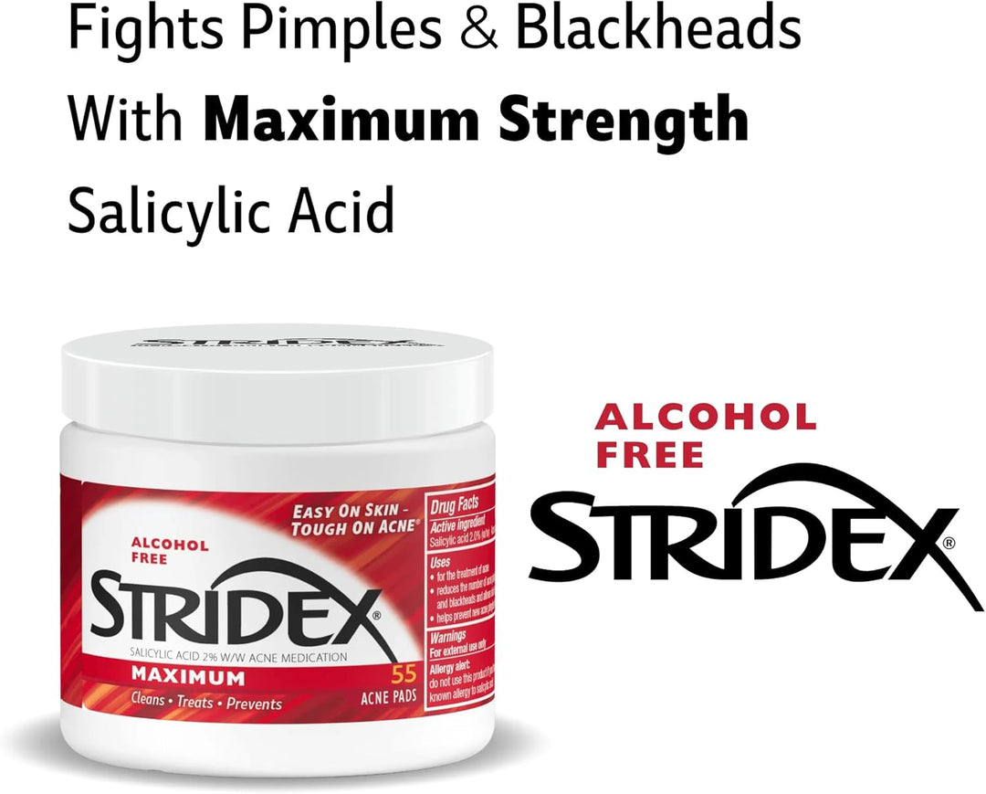 Stridex Acne Pads, Maximum Strength, 55 Count – Alcohol-Free Face Cleansing Pads