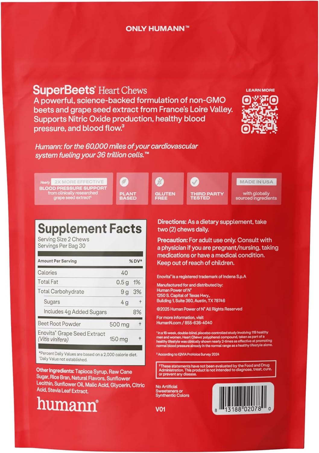 humanN SuperBeets Heart Chews with Grape Seed Extract & Beetroot, 60 Count
