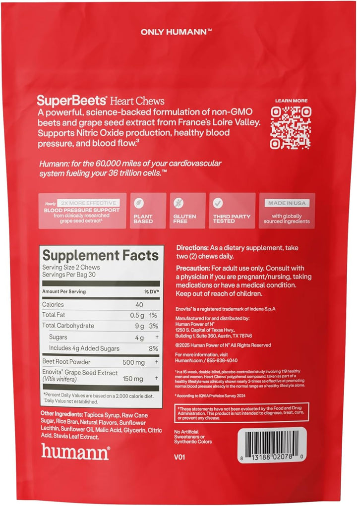 humanN SuperBeets Heart Chews with Grape Seed Extract & Beetroot, 60 Count