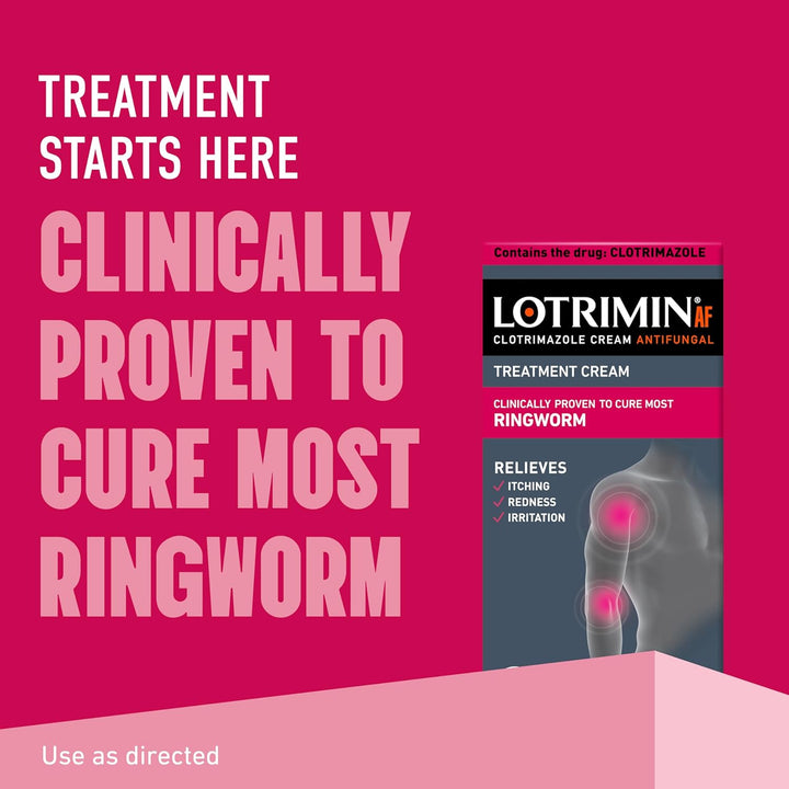 Promotional image of Lotrimin antifungal treatment cream on a pink background with text about ringworm treatment.