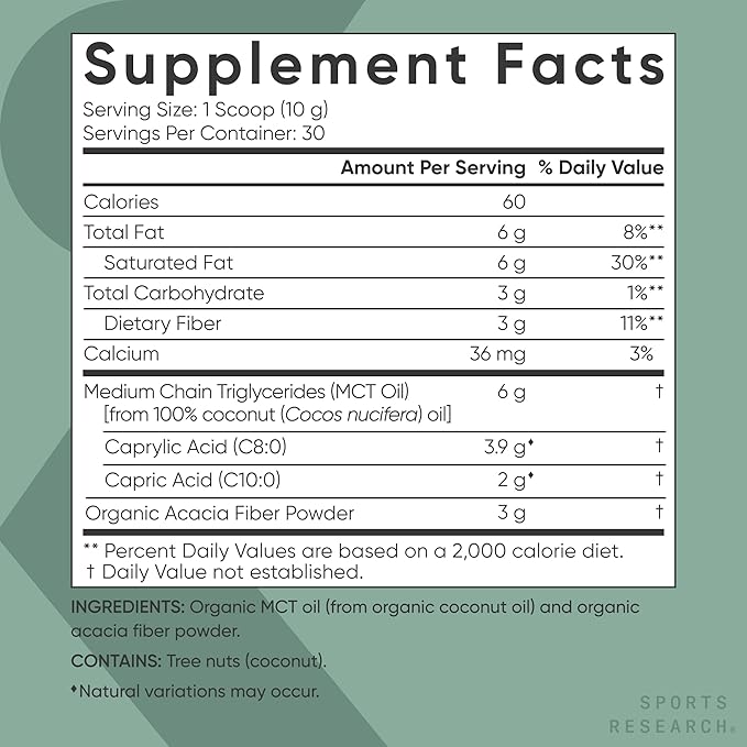 Sports Research Organic MCT Oil Powder, Coconut-Derived C8 & C10, Unflavored, 10.6 oz