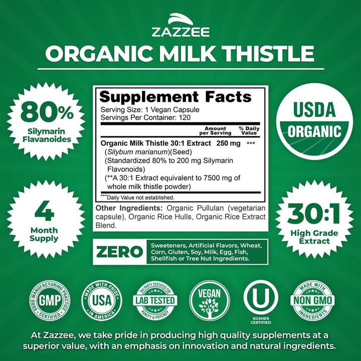 Zazzee Organic Milk Thistle 30:1 Extract - 80% Silymarin Liver Support (120 Vegan Caps)