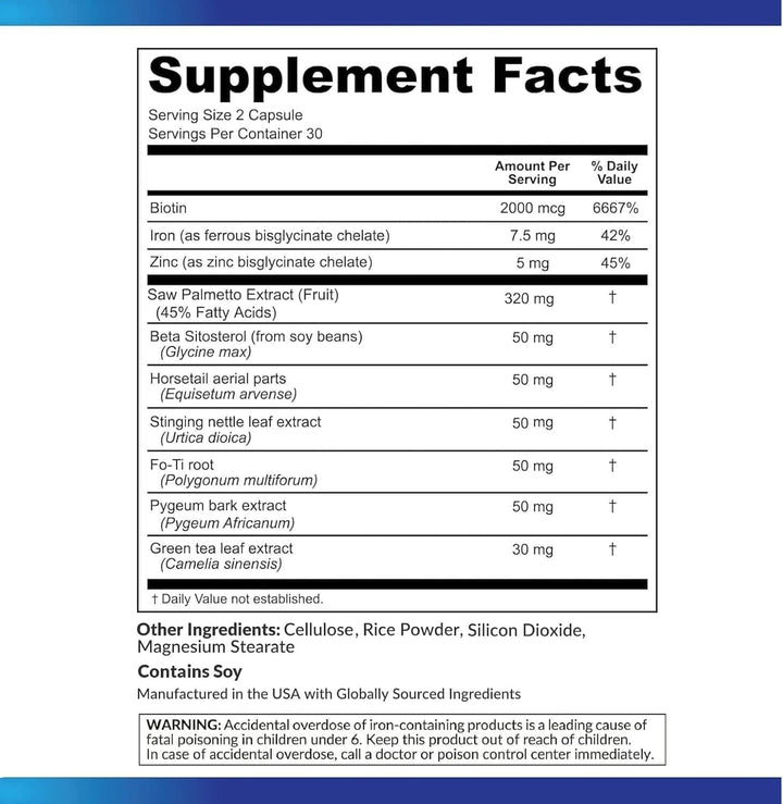 DHT Blocker Hair Growth Supplement 60 Capsules | Saw Palmetto Biotin Zinc | Hair Vitamins for Men & Women