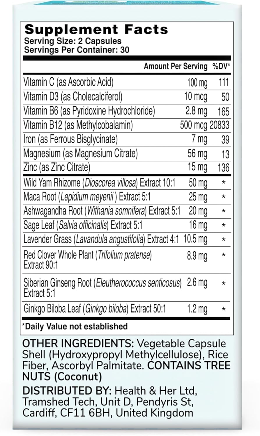 Health & Her Perimenopause Supplement – Multi-Nutrient Support, Hormone Balance, Energy & Mood – Vegan, 60 Capsules