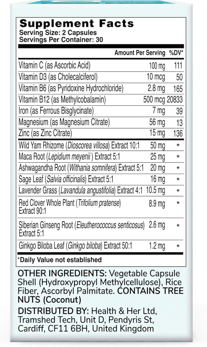 Health & Her Perimenopause Supplement – Multi-Nutrient Support, Hormone Balance, Energy & Mood – Vegan, 60 Capsules