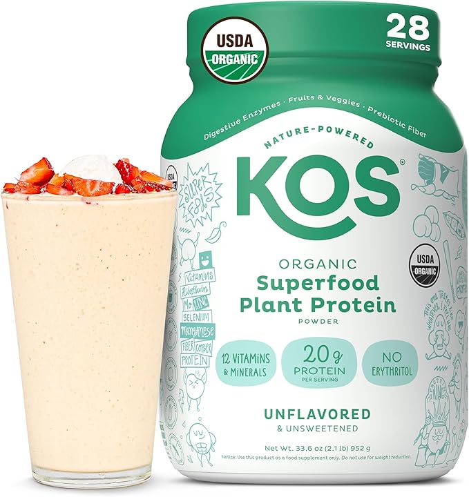 KOS Vegan Protein Powder, Organic Pea Protein Blend, Erythritol-Free, Plant-Based Superfood, 28 Servings