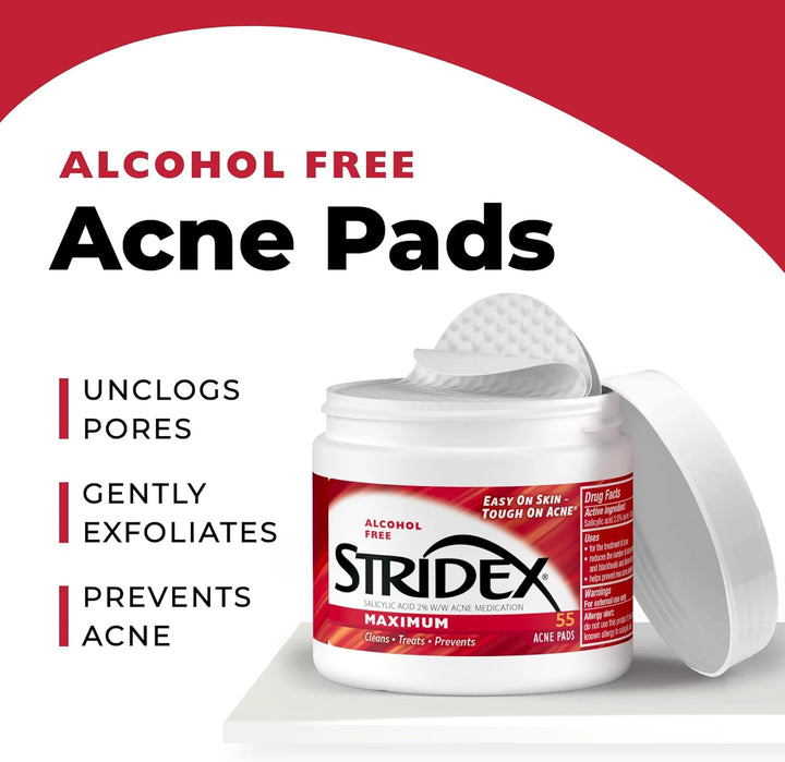 Stridex Acne Pads, Maximum Strength, 55 Count – Alcohol-Free Face Cleansing Pads