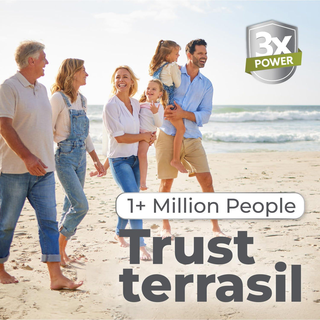 Family on a beach with '3X Power' and 'Terrasil' branding.