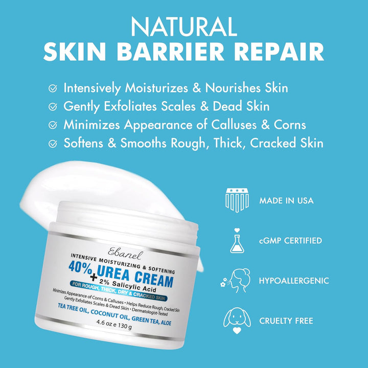 40% Urea Cream packaging with natural skin barrier repair benefits on a blue background