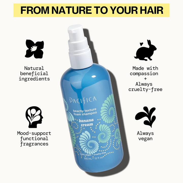 Pacifica Banana Cream Beachy Texture Foam Shampoo – Volumizing & Texturizing Shampoo for Tousled, Soft Waves – Sulfate-Free, Vegan, Cruelty-Free – 8 fl oz