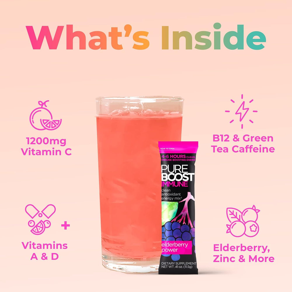 Glass of pink drink with Pure Boost supplement packet on a light pink background
