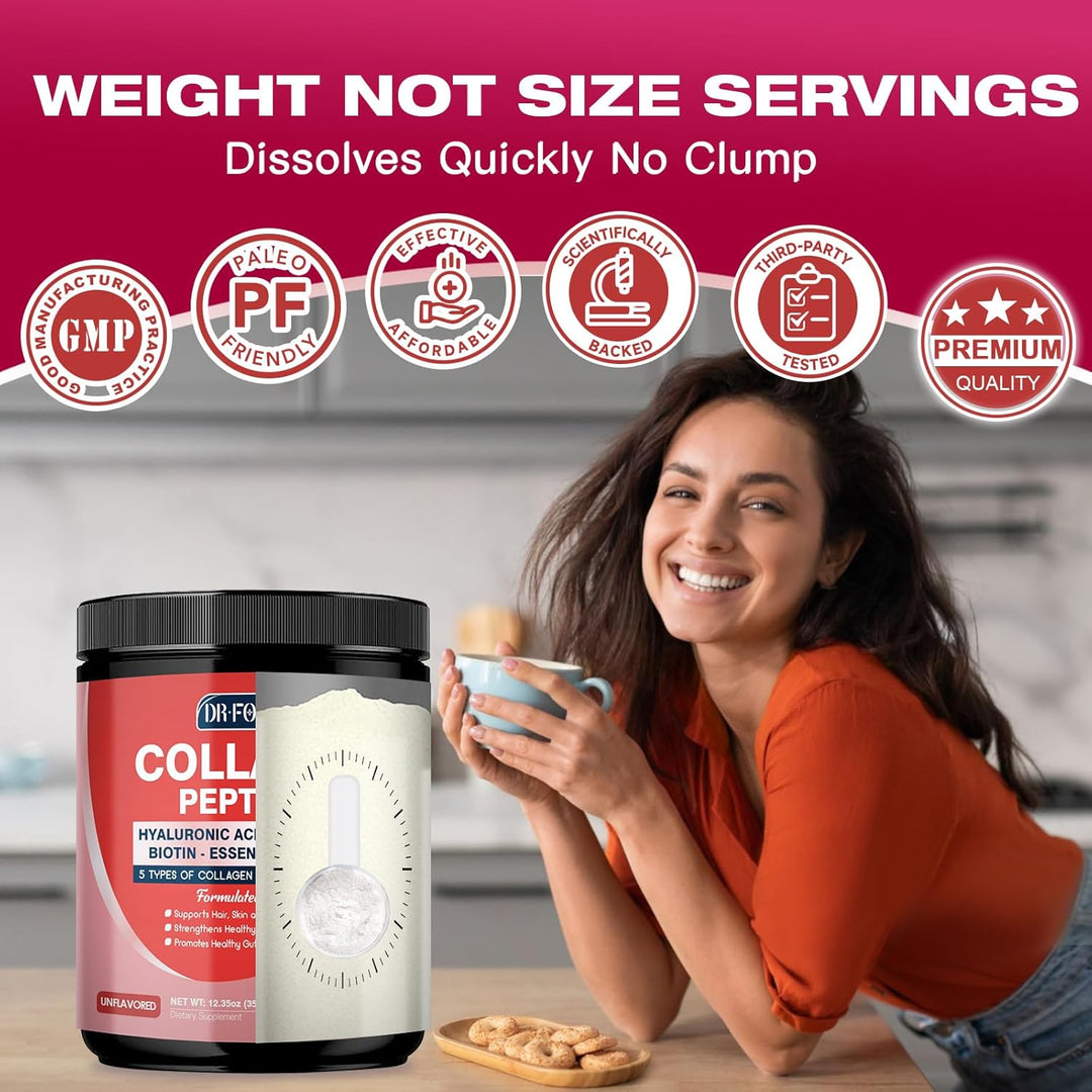 DRFOSTER Multi Collagen Peptides Powder with Probiotics – Type I, II, III, V, X – Hydrolyzed Collagen with Biotin, Hyaluronic Acid & Multivitamins – 35 Servings (390g)