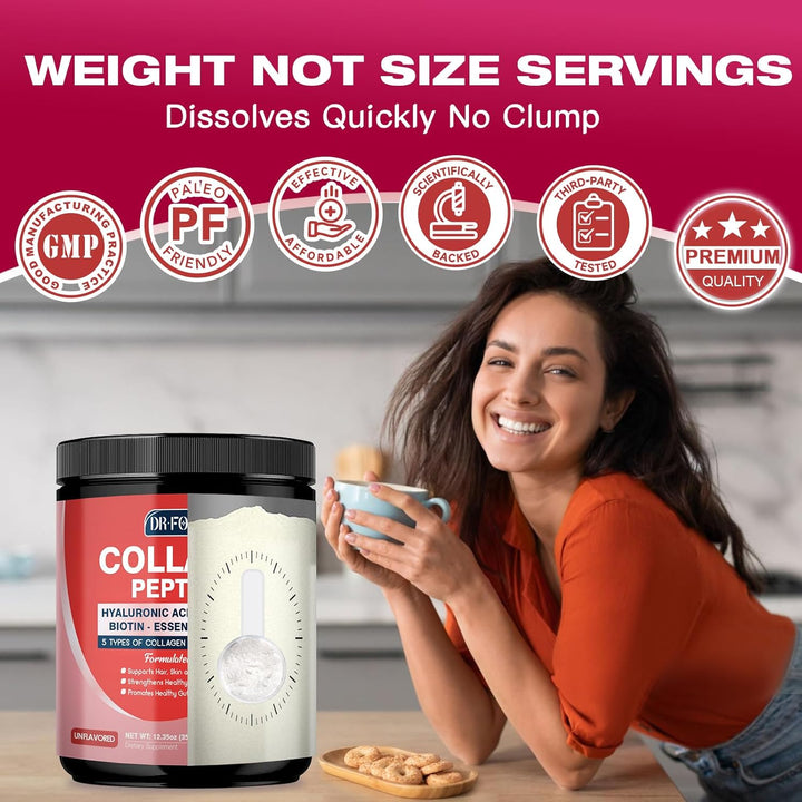DRFOSTER Multi Collagen Peptides Powder with Probiotics – Type I, II, III, V, X – Hydrolyzed Collagen with Biotin, Hyaluronic Acid & Multivitamins – 35 Servings (390g)
