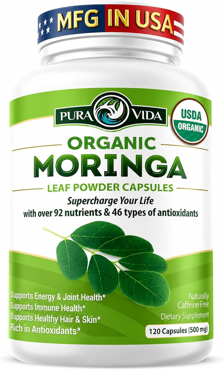 Pura Vida Organic Moringa Capsules 500mg - Pure Single Origin Leaf Powder (120 Count)