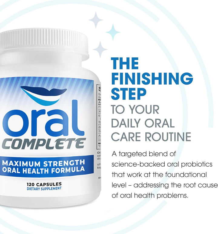 A white bottle of Oral Complete dietary supplement with a blue and white label, shown next to promotional text on a white background with light blue circular accents.