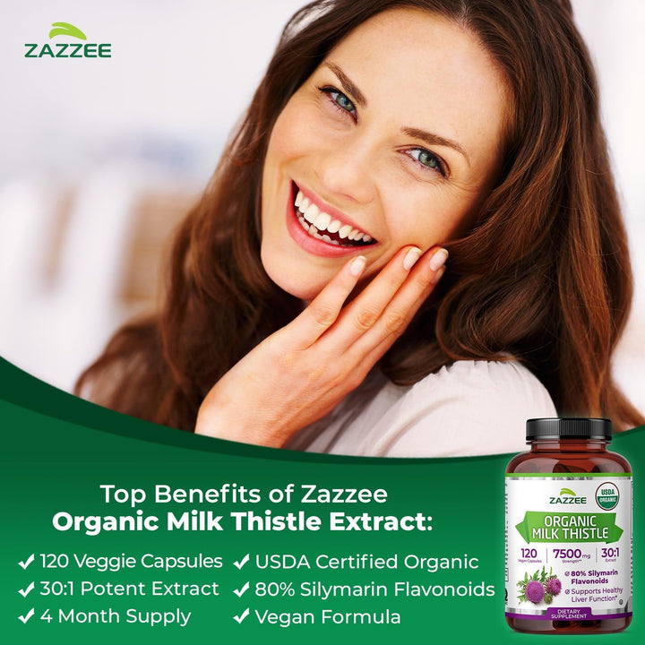 Zazzee Organic Milk Thistle 30:1 Extract - 80% Silymarin Liver Support (120 Vegan Caps)