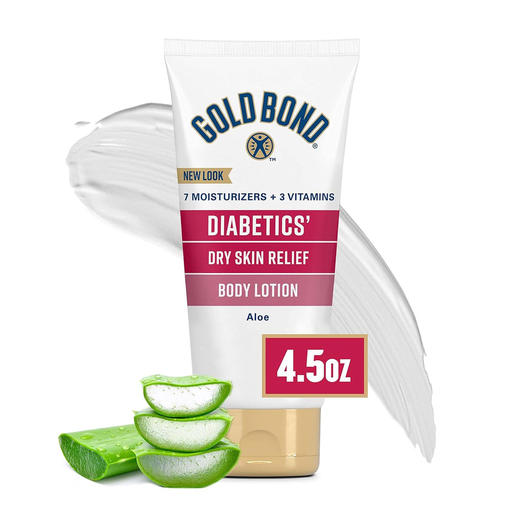 Gold Bond Diabetics' Dry Skin Relief Body Lotion with aloe vera slices on a white background
