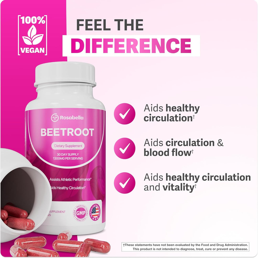 Rosabella Organic Beet Root Capsules 1300mg for Circulation & Vitality, 60 Count