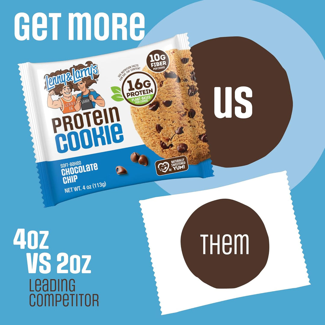 A promotional graphic for a package of Leavened Lame's Protein Cookie, 2oz chocolate chip protein cookie, with text comparing it to a 4oz competitor and circular color callouts labeled US and THEM on a light blue background.