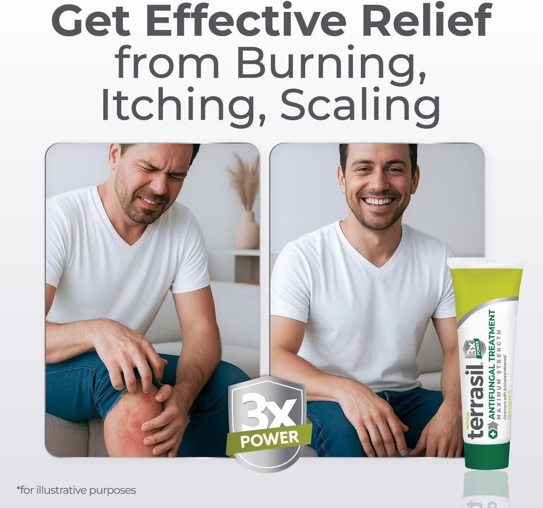 Advertisement for terrasil antifungal treatment showing a man with skin issues before and after using the product.