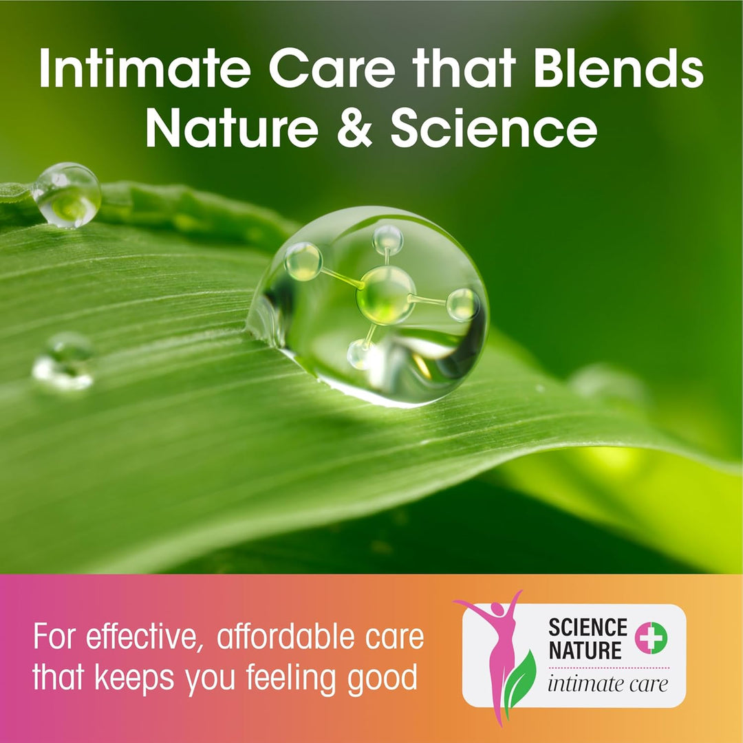 Product advertisement with water droplet on a leaf and text about nature and science in intimate care.