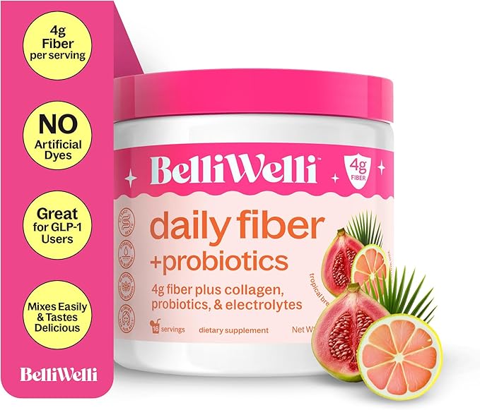 Belli Welli Daily Fiber Supplement – Organic Acacia Fiber with Collagen, Electrolytes & Probiotics – 30 Servings