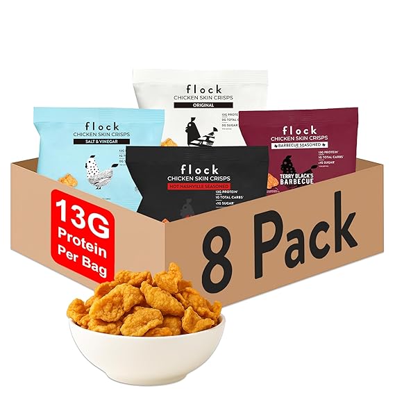 Flock Keto Chicken Skin Chips – Low Carb, High Protein, Gluten-Free, Sugar-Free Snack – 8 Pack (1oz Each)