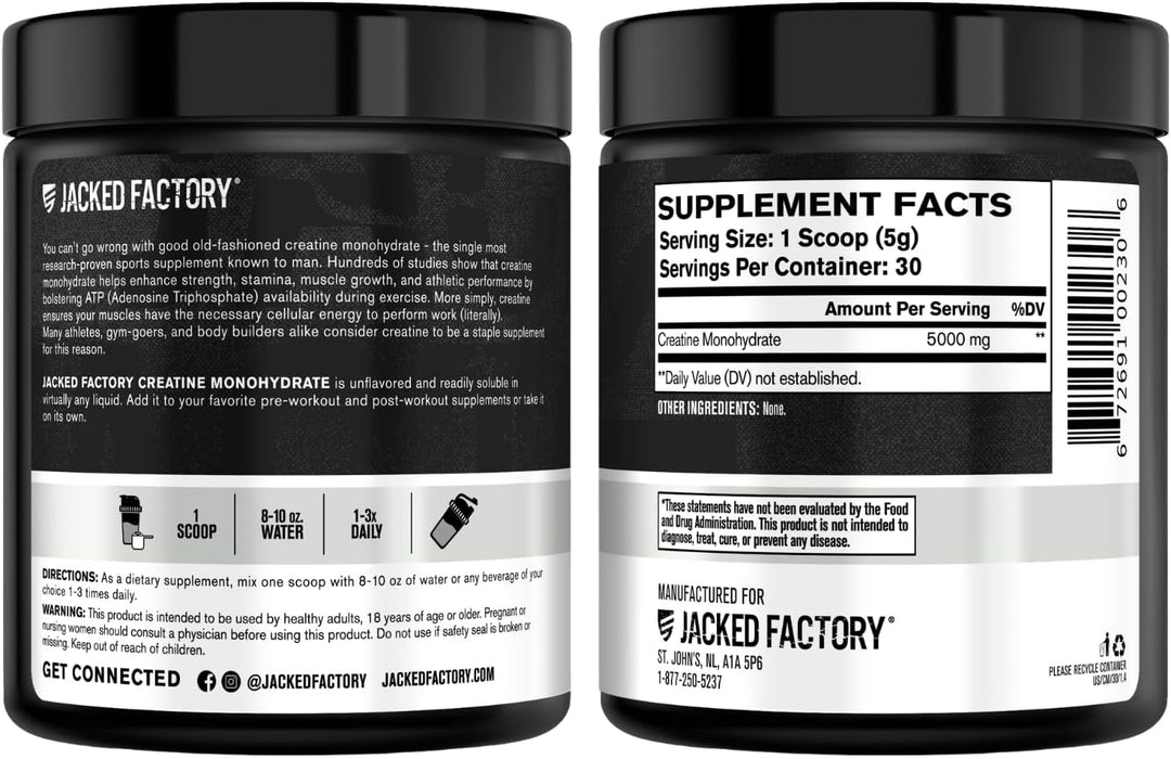 Jacked Factory Creatine Monohydrate Powder - Micronized Creatine 5g per Serving, Unflavored, Vegan-Friendly - 30 Servings, 150g