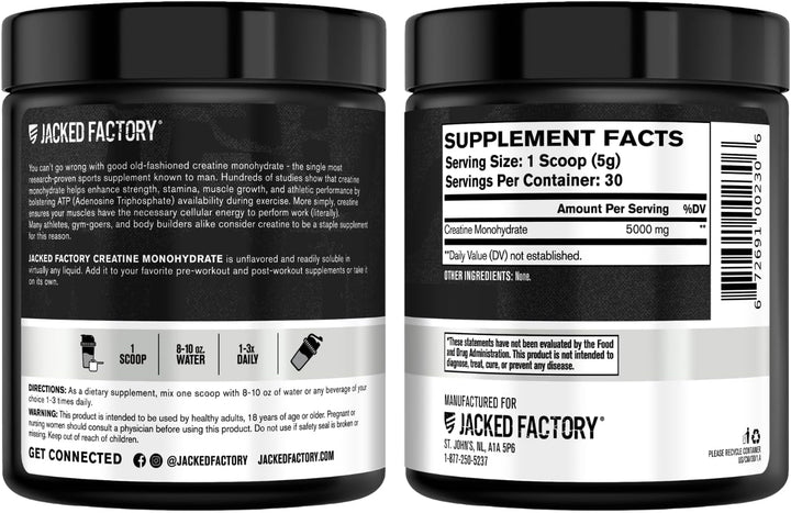 Jacked Factory Creatine Monohydrate Powder - Micronized Creatine 5g per Serving, Unflavored, Vegan-Friendly - 30 Servings, 150g