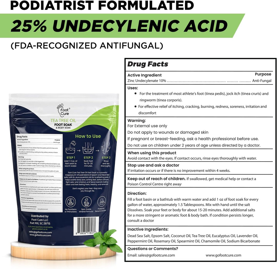 A product information card for Foot Free Foot Patch showing a single patch package on the left, a white ingredient facts panel on the right, and a large green headline reading 'PODIATRIST FORMULATED 25% UNDECYLENIC ACID (FDA-RECOGNIZED ANTIFUNGAL)'.