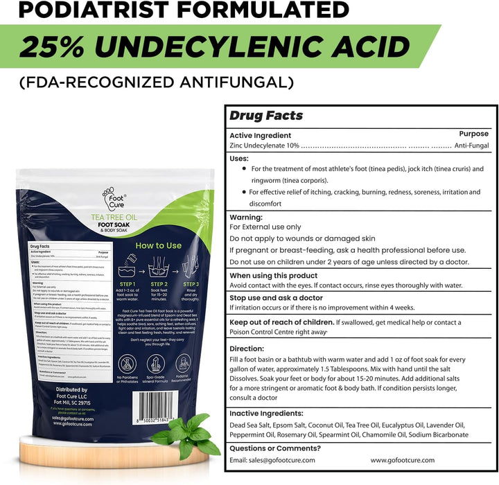 A product information card for Foot Free Foot Patch showing a single patch package on the left, a white ingredient facts panel on the right, and a large green headline reading 'PODIATRIST FORMULATED 25% UNDECYLENIC ACID (FDA-RECOGNIZED ANTIFUNGAL)'.