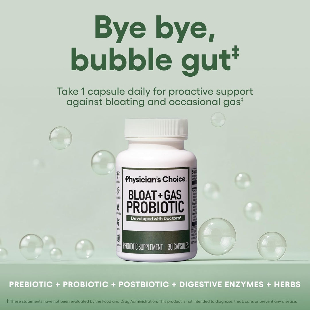 Physician's Choice Bloat & Gas Probiotic, 5-in-1 Daily Digestive Health Supplement, 30 Capsules