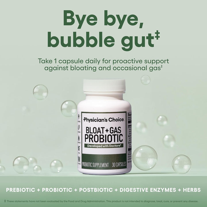Physician's Choice Bloat & Gas Probiotic, 5-in-1 Daily Digestive Health Supplement, 30 Capsules