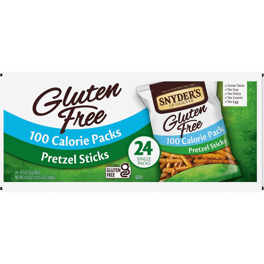 Snyder's Gluten Free Pretzel Sticks packaging with branding and nutritional information.