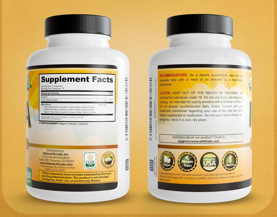 NaturaLife Labs Organic Maca Root 1900mg - Triple Blend Black, Red & Yellow (150 Capsules)