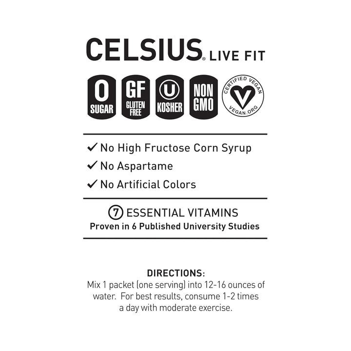 Celsius product label with certification icons and health benefits on a white background