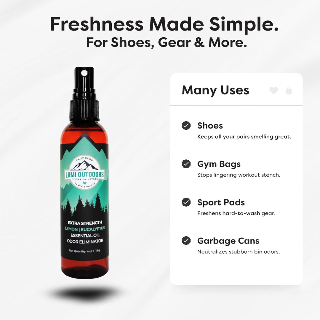 Bottle of Lumi Outdoors odor eliminator with product uses listed on a white background
