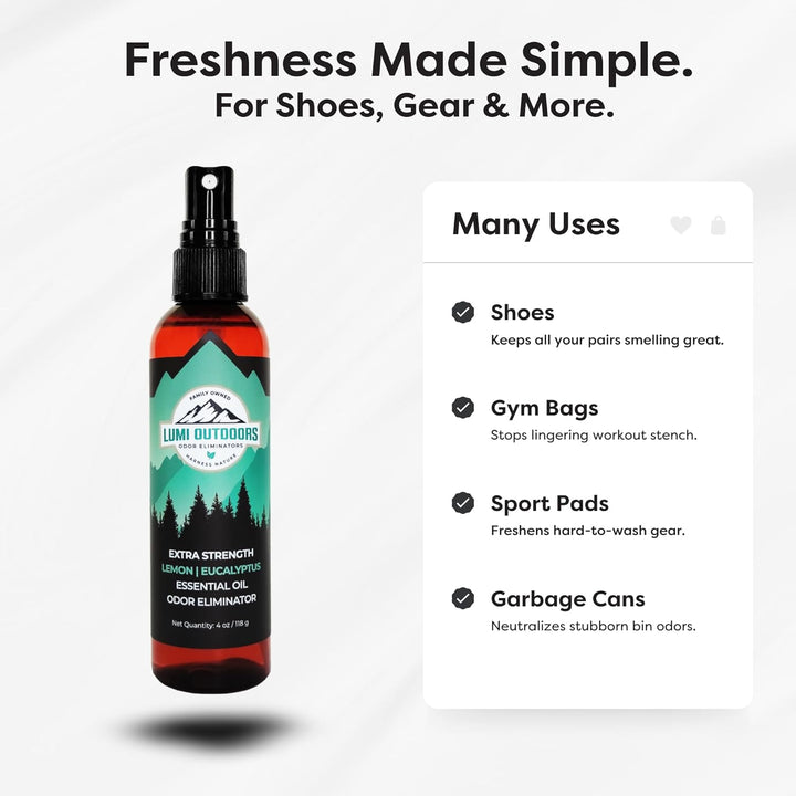 Bottle of Lumi Outdoors odor eliminator with product uses listed on a white background