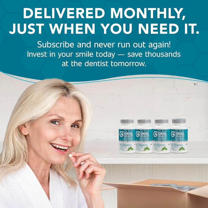 Woman using dental products with text about monthly deliveries and savings.