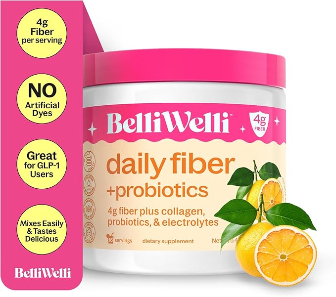 Belli Welli Daily Fiber Supplement – Organic Acacia Fiber with Collagen, Electrolytes & Probiotics – 30 Servings
