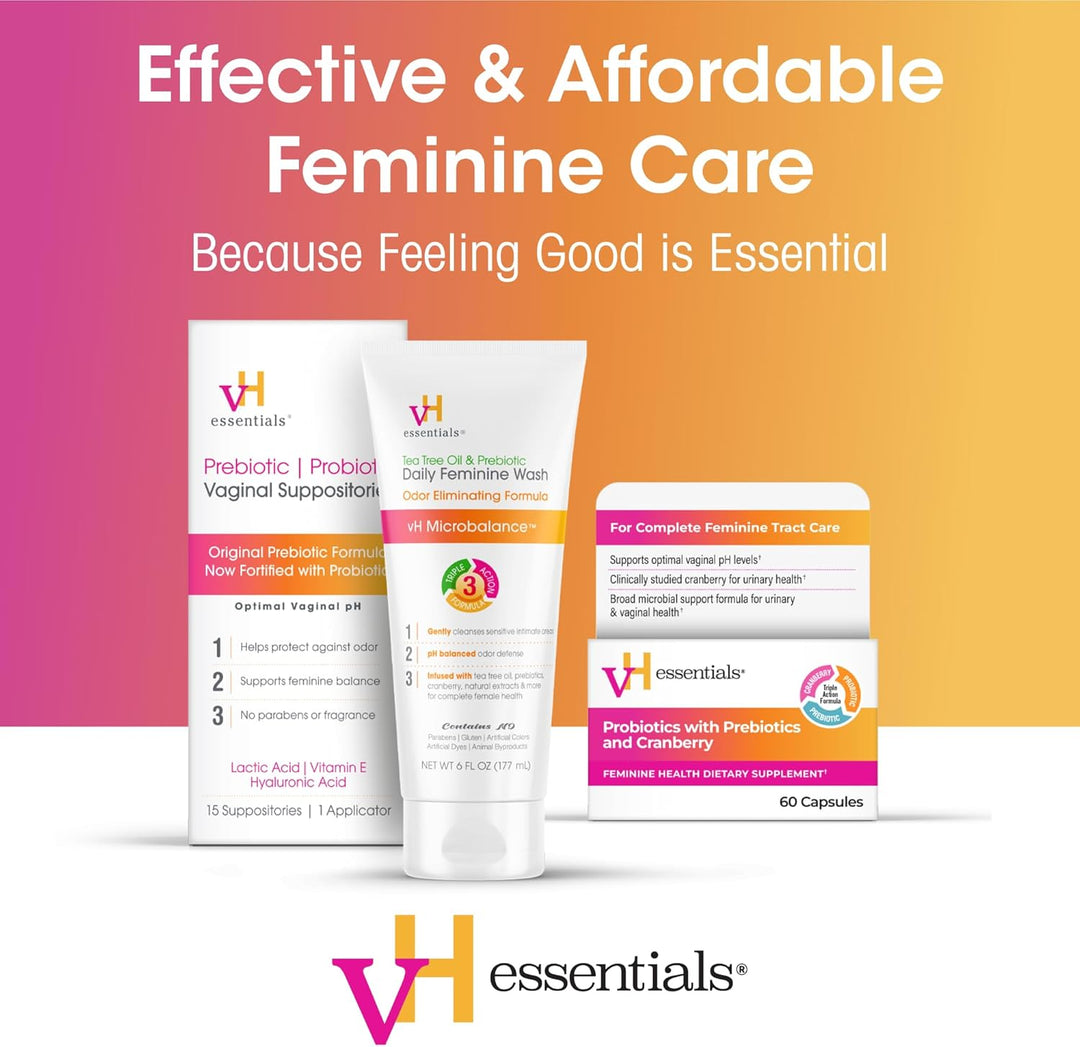 VH essentials feminine care products with a colorful gradient background