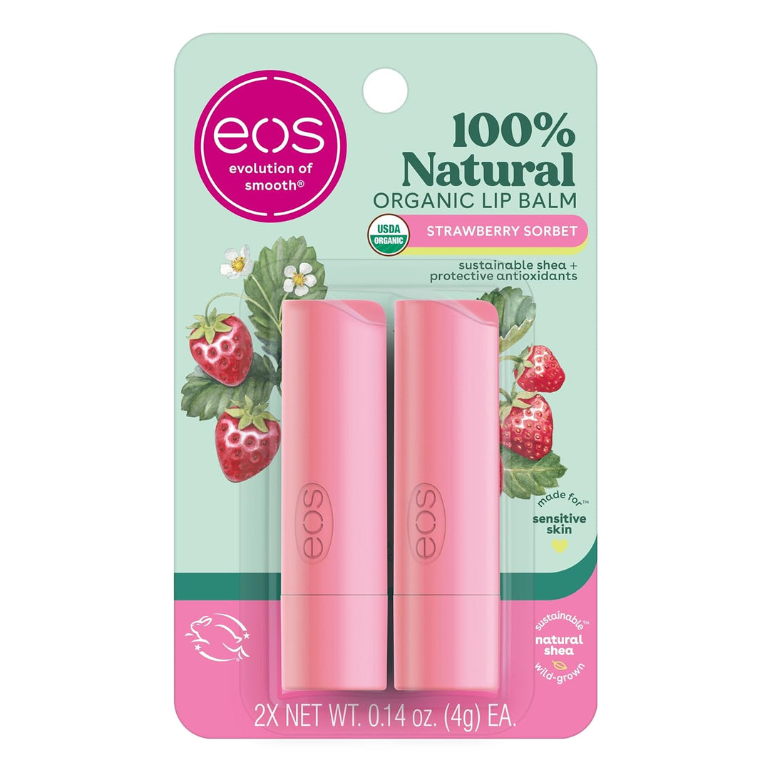 eos 100% Natural & Organic Lip Balm Sticks – 2 Pack | Dermatologist Recommended | Long-Lasting Moisture | 0.14 oz