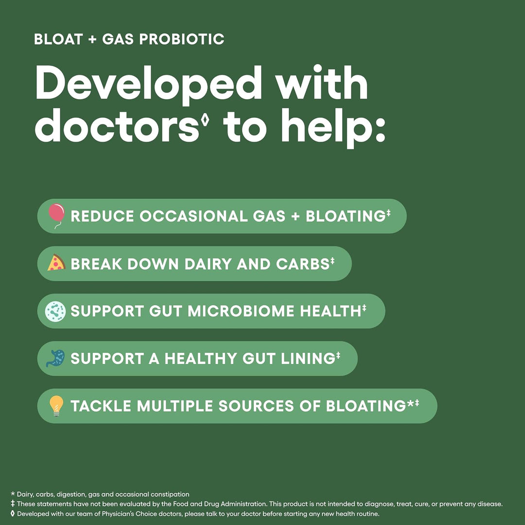Physician's Choice Bloat & Gas Probiotic, 5-in-1 Daily Digestive Health Supplement, 30 Capsules