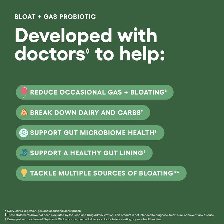 Physician's Choice Bloat & Gas Probiotic, 5-in-1 Daily Digestive Health Supplement, 30 Capsules