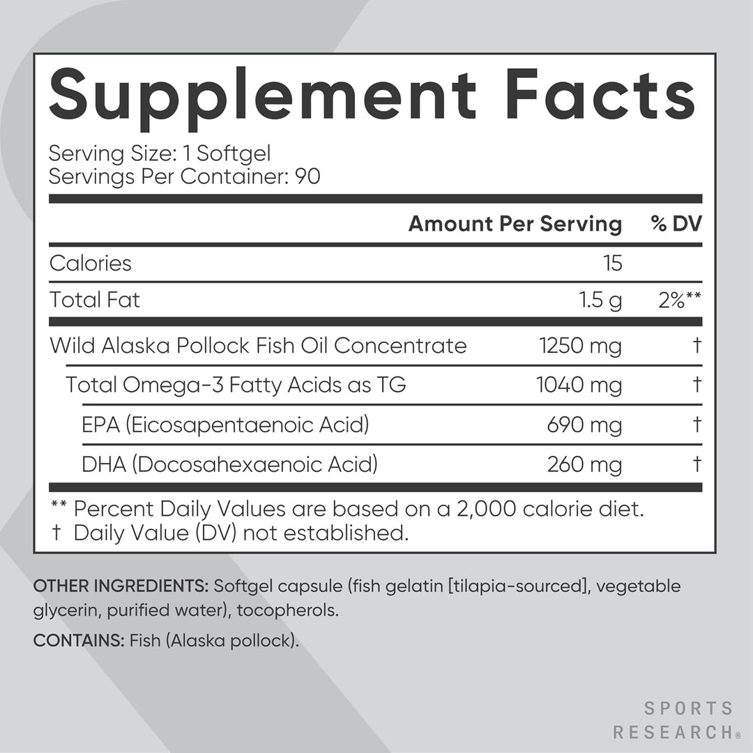 Sports Research Omega-3 Fish Oil 1250mg from Wild Alaska Pollock, 90 Softgels