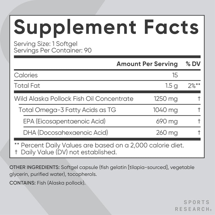 Sports Research Omega-3 Fish Oil 1250mg from Wild Alaska Pollock, 90 Softgels
