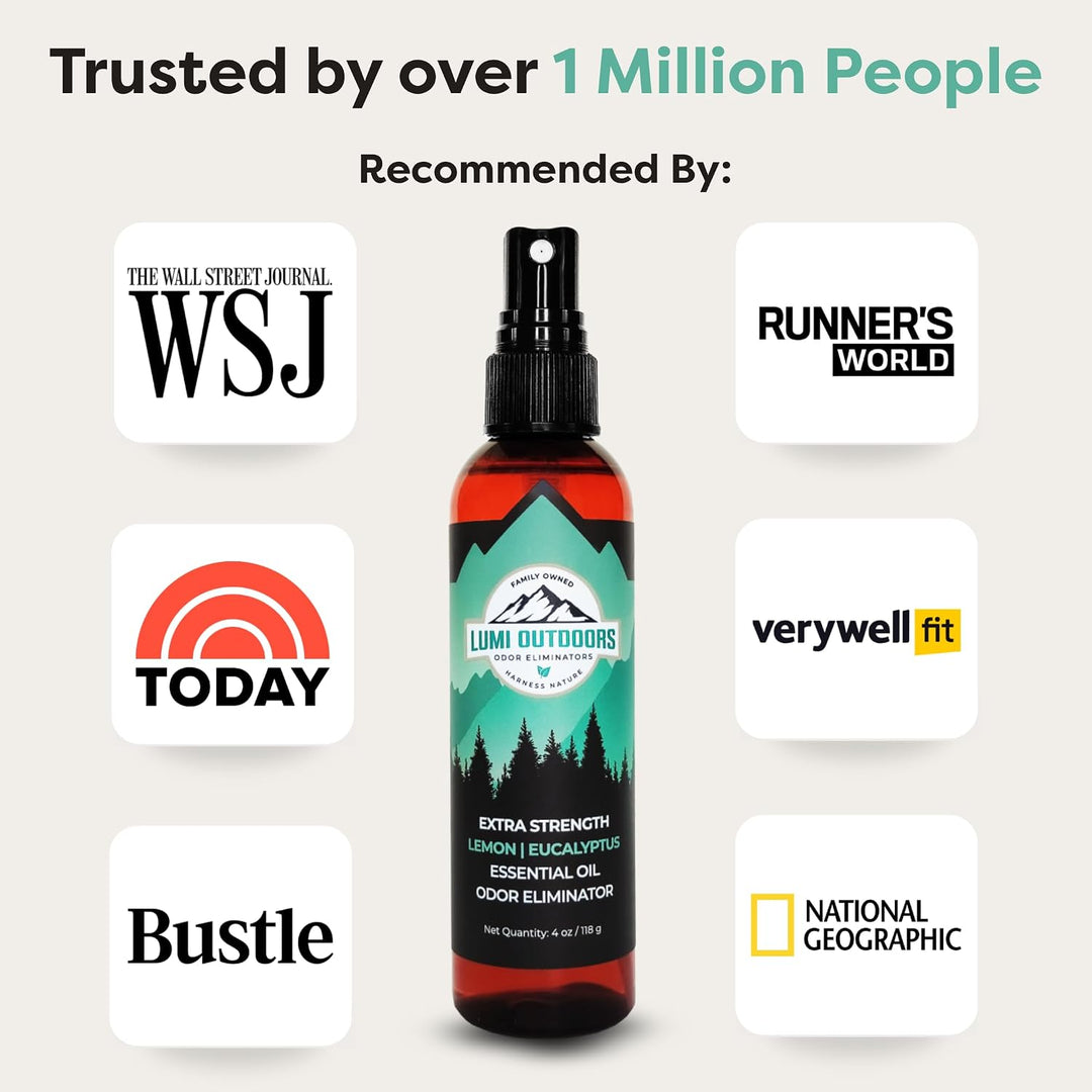 Lumi Outdoors essential oil bottle with credibility badges from various media outlets on a light gray background.