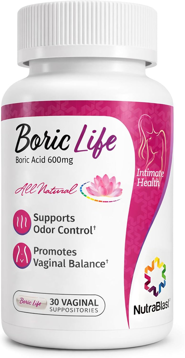NutraBlast Boric Acid Suppositories 600mg - Vaginal Odor & Hygiene Support (30 Count)