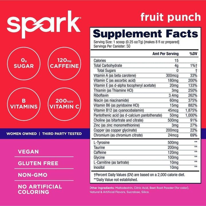A product information graphic for Spark Fruit Punch, showing a mock 'Supplement Facts' nutrition panel alongside marketing callouts on a bright pink and white background.